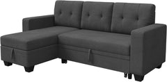 Sofa Bed Reversible Convertible Sleeper Pull Out Couches with Storage Chaise, Linen Fabric Furniture for Living Room, Dark Gray