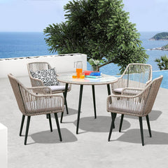 5-Piece Patio Dining Set, Outdoor Dining Table Chair Set, All-Weather Twisted Rattan Wicker Rope Conversation Set, Patio Furniture Set w/Umbrella Hole, 4 Cushioned Chairs&Glass Table