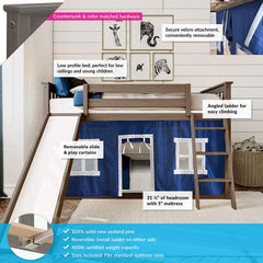 Low Bunk Bed, Twin-Over-Twin Bed Frame For Kids With Slide and Curtains For Bottom, Clay/Blue