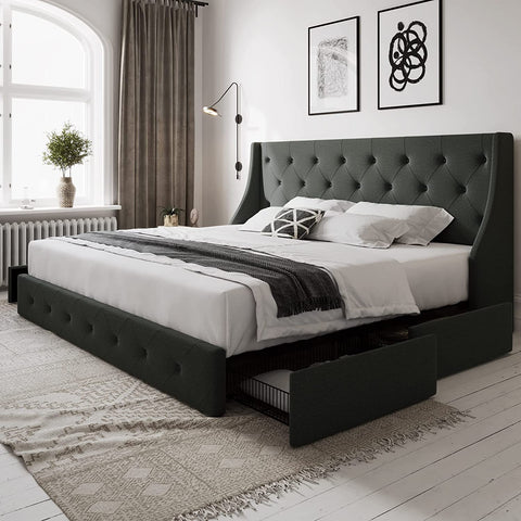 Queen Bed Frame with 4 Storage Drawers and Wingback Headboard, Button Tufted Design, No Box Spring Needed, Dark Grey