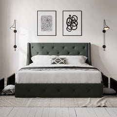 Queen Bed Frame with 4 Storage Drawers and Wingback Headboard, Button Tufted Design, No Box Spring Needed, Dark Grey