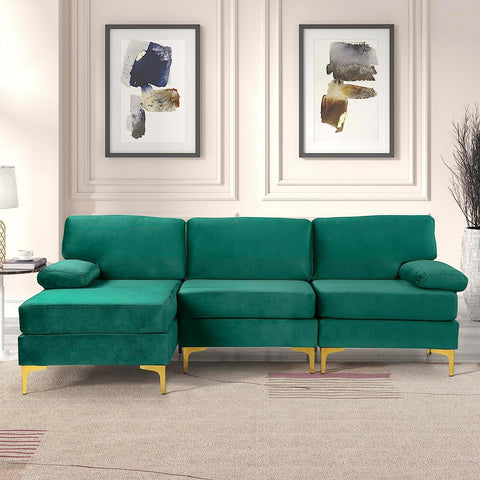 Modern Sectional Sofa L Shaped Velvet Couch, with Extra Wide Chaise Lounge and Gold Legs Green