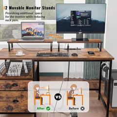 Computer Desk with Drawer and Power Outlets, 47" Office Desk with 2 Monitor Stands and Fabric File Cabinet, Writing Gaming Table with Shelves and 2 Hooks for Home Office, Rustic Brown