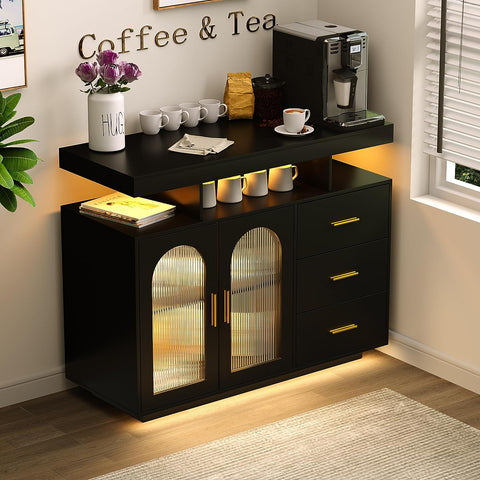 Coffee Bar Cabinet Kitchen Storage Cabinet & Sideboard Buffet Cabinets - Wood Coffee Bar Table with Shelf Capacity for Dinning Room/Living Room/Kitchen(Black)