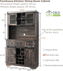 Farmhouse Bar Cabinet with Sliding Barn Door, 72" Rustic Buffet with Hutch with Wine and Glasses Rack, 3 Drawers, Storage Shelves, Sideboard Cupboard for Kitchen, Dining Room, Dark Rustic Oak