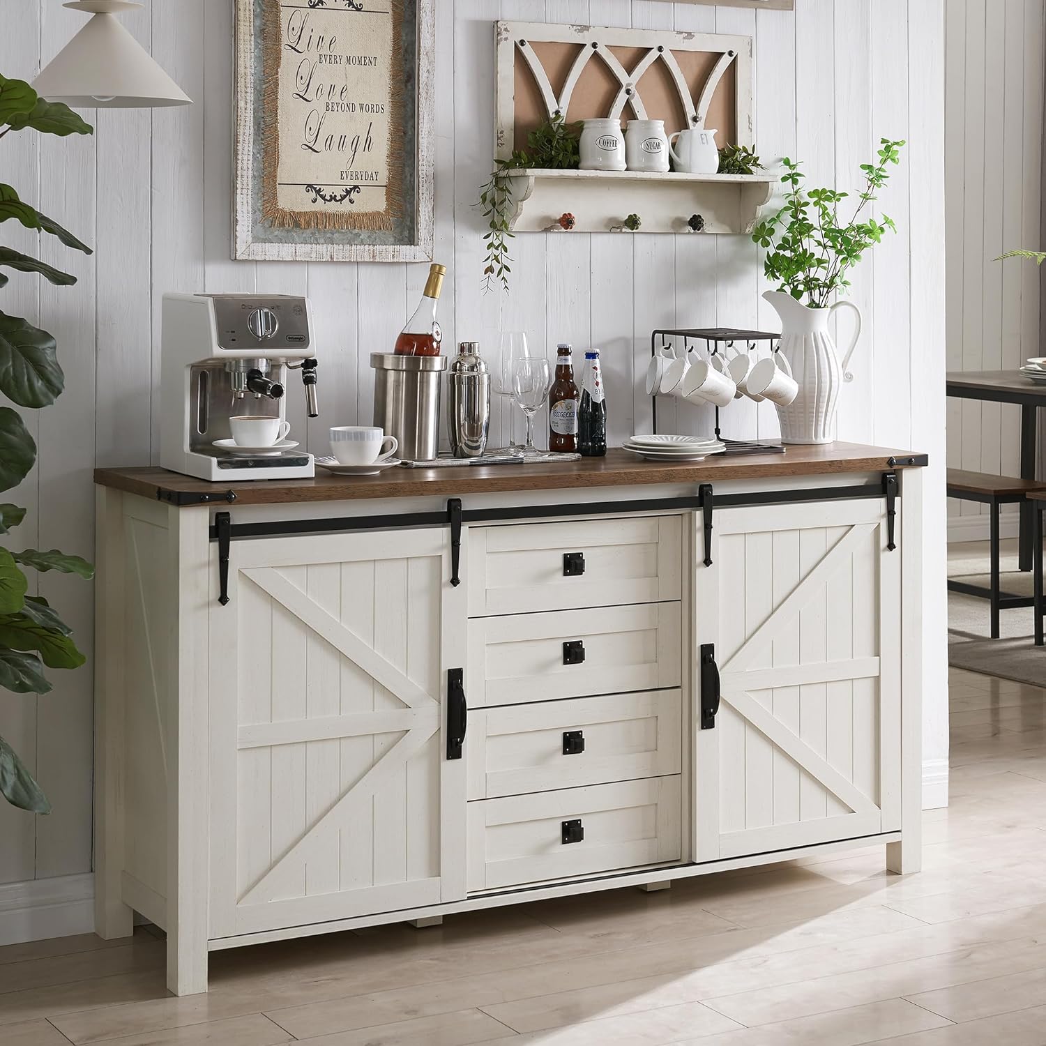 thumbnail image 2 of 55" Farmhouse Buffet Sideboard Cabinet,Large Kitchen Storage With 4 Doors, Versatile Coffee Bar Cabinet For Dining Room, Living Room & Home 2 of 9