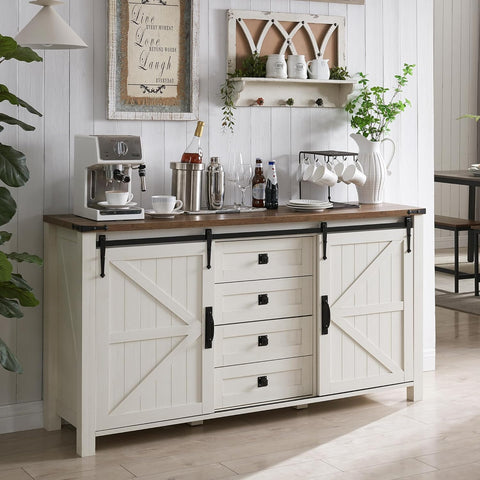 Farmhouse Sideboard Buffet Cabinet with Storage, 60" Large Kitchen Cabinet w/Sliding Barn Doors and 4 Drawers, 31.2'' Tall Wood Coffee Bar Table for Dining Room, Antique White