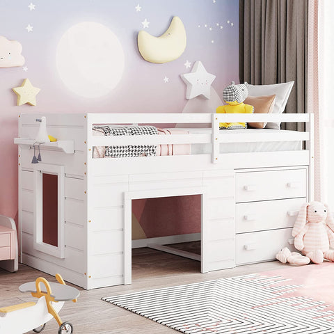 Twin Loft Bed with Cabinet and Storage, Low Loft Bed for Kids Playhouse Bed with Built-in Ladder(White, loft)