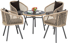 5-Piece Outdoor Patio Furniture Dining Set, All-Weather Rattan Conversation Set with Soft Cushions and Glass Top Dining Table for Backyard Deck (Light Brown + Black)