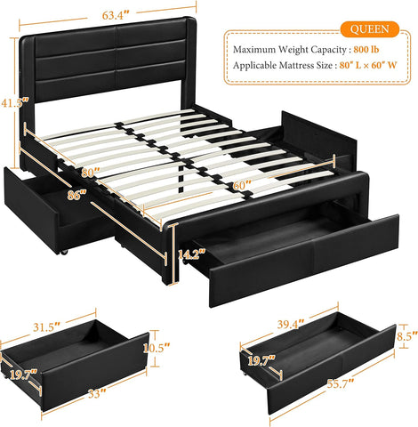 Queen Size Bed Frame Platform with 2 USB Charging Station/Port for Type A&Type C/3 Storage Drawers, Leather Upholstered with Headboard/Solid Wood Slat Support/No Box Spring Needed/Black