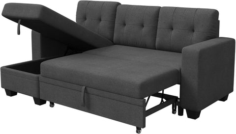 Sofa Bed Reversible Convertible Sleeper Pull Out Couches with Storage Chaise, Linen Fabric Furniture for Living Room, Dark Gray