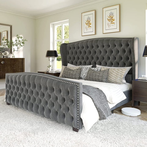 King Size Platform Bed Frame, Velvet Upholstered Bed with Deep Button Tufted & Nailhead Trim Wingback Headboard/No Box Spring Needed/Grey
