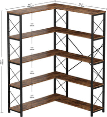 5-Shelf Corner Bookcase, Vintage Industrial Corner Bookshelf Etagere Bookcase,