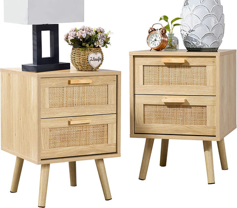 Wood Accent Table with Storage for Bedroom, Natural, 2 Pack