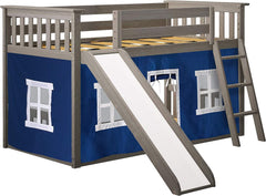 Low Bunk Bed, Twin-Over-Twin Bed Frame For Kids With Slide and Curtains For Bottom, Clay/Blue