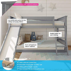 Low Bunk Bed, Twin-Over-Twin Wood Bed Frame For Kids With Slide, Grey