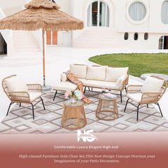 6 Pcs Boho Outdoor Small Patio Furniture Lounge Set with Beige Cushion and Round Glass Table