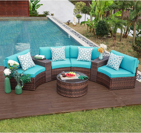 Outdoor Furniture Brown Rattan Set Half-Moon Patio All-Weather Wicker Sofa with Coffee Table, Turquoise Cushion 7-Piece (Pillows Included)