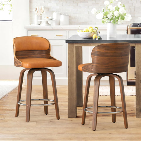 Mid Century Modern Bar Stools, 26 Inch Bar Chairs with Solid Back, Walnut Finish and Faux Leather Seat, Counter Height Barstool Set of 2, Whiskey Brown