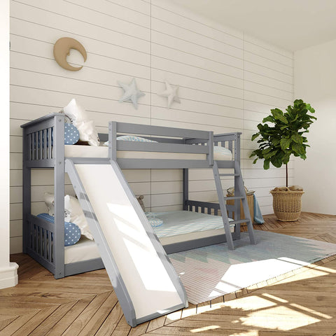 Low Bunk Bed, Twin-Over-Twin Wood Bed Frame For Kids With Slide, Grey