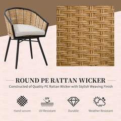 3 Piece Patio Set, Outdoor Bistro Furniture, PE Rattan Wicker Table and Chairs, Cushioned, Hand Woven, Barrel-Style with Tempered Glass for Garden, Porch, Pool, Backyard, Cream White