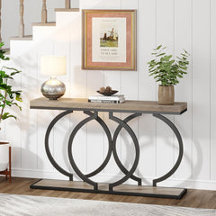 Rustic Accent Table for Living Room, Entrance Table Geometric Metal Frame, Vintage Grey