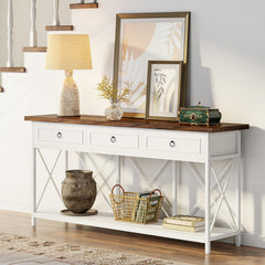 Farmhouse Entryway Table with Storage Shelf, Narrow Long Sofa Foyer Table for Entryway, Hallway (White/Brown)