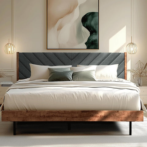 Acacia Astoria Solid Wood Queen Platform Bed Frame with Upholstered Headboard, Any Mattress Support, Noise-Free Slats Support, 30 Mins Assembly, Mid Century Modern Style, Walnut