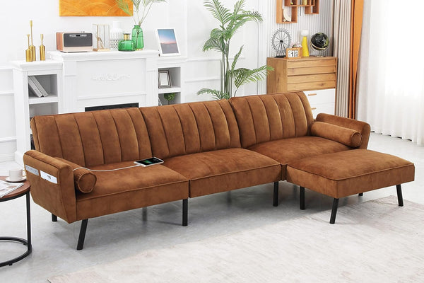 Velvet Sectional Convertible Sofa with Chaise, 107
