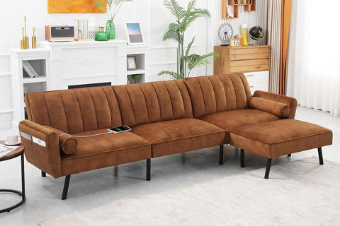 Velvet Sectional Convertible Sofa with Chaise, 107" L Shape Sectional Sofa Couch with USB, Split Back Folding Futon Couch for Living Room (Caramel Brown)
