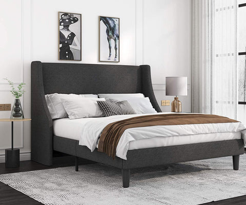 Platform Bed Frame Queen Size with Upholstered Headboard, Dark Grey