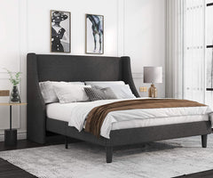 Platform Bed Frame Queen Size with Upholstered Headboard, Dark Grey