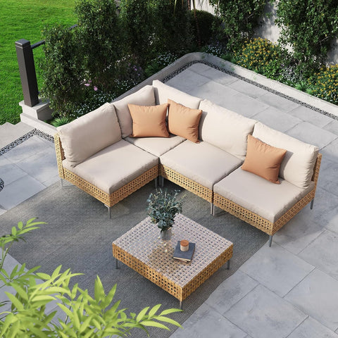 5-Piece Wicker Patio Furniture Set, All-Weather Outdoor Sectional Sofa with Water Resistant Beige Thick Cushions Coffee Table
