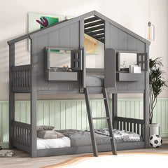 Twin Over Twin House Bunk Beds with Roof and Window, Wooden House Bunk Bed with Window Box and Window Door,Twin Playhouse Bunk Bed with Safety Guardrails and Ladder