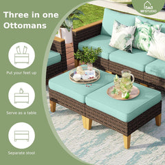 7 Piece Extra Large Wicker Patio Furniture Set, 2 x Single Chair, 2 x Ottoman, 3-Seat Sofa, All-Weather Outdoor PE Rattan Patio Conversation Set for Garden, Backyard(Blue Cushions)
