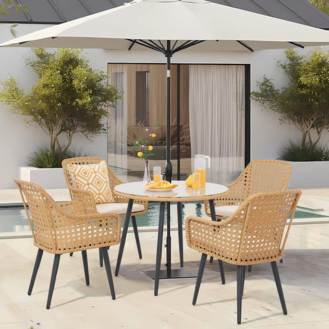 5 Pieces Outdoor Dining Set, All-Weather Wicker Patio Dining Table and Chairs, 4 Rattan Chairs and Round Glass Top Table w/Umbrella Hole, for Porch, Backyard, Garden, Beige