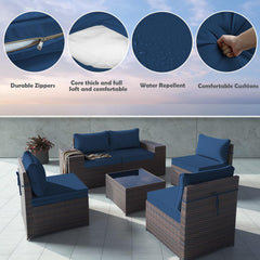 Outdoor Patio Furniture Sets 6 Piece Patio Sectional Furniture All-Weather Outdoor Patio Sofa PE Wicker Backyard Deck Couch Conversation Chair Set w/Table & 5 Navy Blue Thickened Cushions