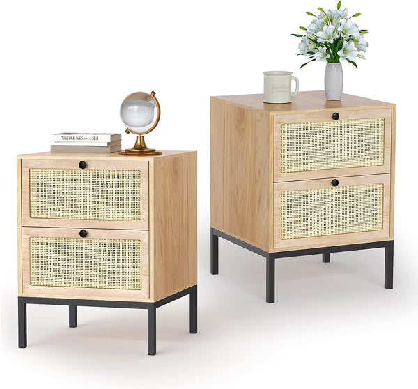 Rattan Nightstand with Drawers, End Table, Bedside Table Set of 2, natural