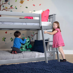 Low Bunk Bed, Twin-Over-Twin Wood Bed Frame For Kids With Slide, Grey