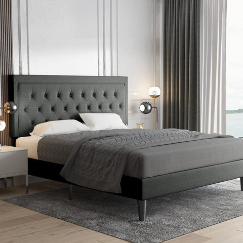 Queen Size Button Tufted Platform Bed Frame/Fabric Upholstered Bed Frame with Adjustable Headboard/Wood Slat Support/Mattress Foundation/Dark Grey