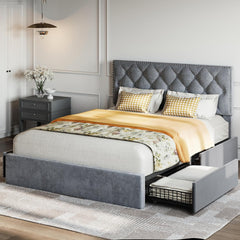 Queen Bed Frame with Storage Drawers, Grey