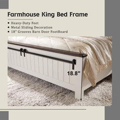 Farmhouse King Size Bed Frame with 47" Headboard, Wood Bed Frame with Groove Sliding Barn Door Footboard, Platform Bed with Wood Slats Support, No Box Spring Needed (White)