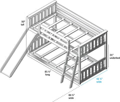 Low Bunk Bed, Twin-Over-Twin Wood Bed Frame For Kids With Slide, Grey