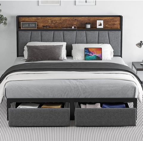 Queen Size Bed Frame with Headboard and Storage, Drawers Platform Bed Frame with Storage Chargin Station LED Light Bed Frame, Heavy Duty, No Box Spring Needed