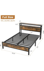 Full Bed Frame with Charging Station Headboard, Platform Bed with 2-Tier Storage Shelf, Strong Support Legs, Noise-Free, No Box Spring Needed,Vintage Brown