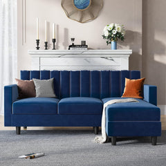 Velvet Convertible Sectional Sofa, L Shaped Couch with Reversible Chaise for Small Apartment, Blue