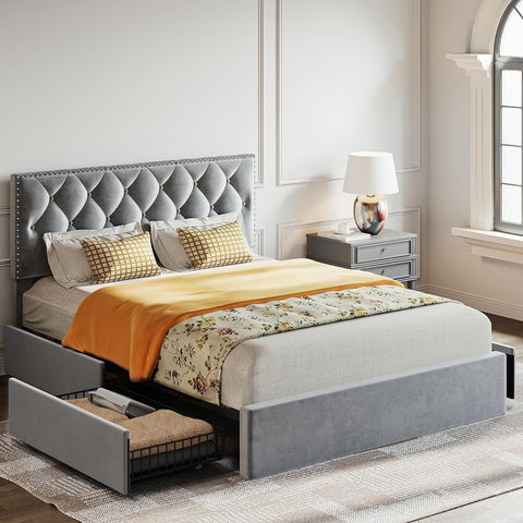 Queen Bed Frame with Storage Drawers, Grey