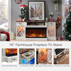 Farmhouse Electric Fireplace TV Stand for TVs up to 80'', Highboy Entertainment Center with Glass Door Storage Cabinet, 70'' Large TV Stand Antique White