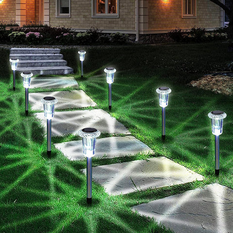 Solar Outdoor Lights, 10 Pack Waterproof Stainless Steel Solar Stake Lights for Pathway Garden Yard Path Walkway Driveway Lawn Decor - Cool White