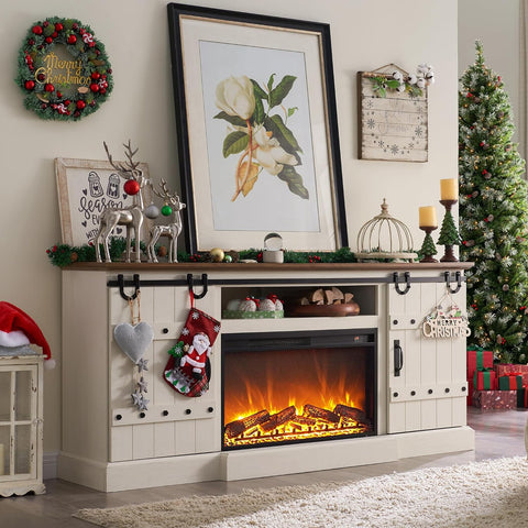 Farmhouse Entertainment Center with Sliding Barn Doors, Rustic Media Console Table with Storage Cabinets for Living Room, Antique White